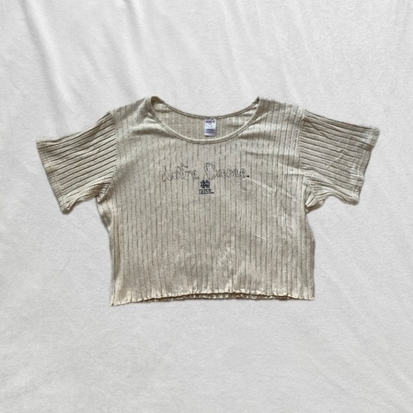 Cream and navy blue Notre Dame lettuce trim top - Picture 1 of 11